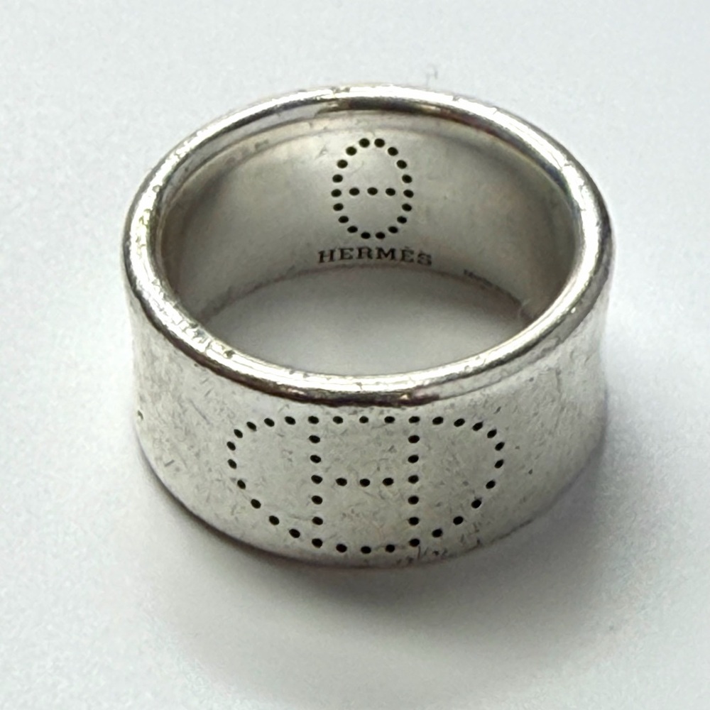 Hermès Perforated 'H' Wide Silver Band Ring